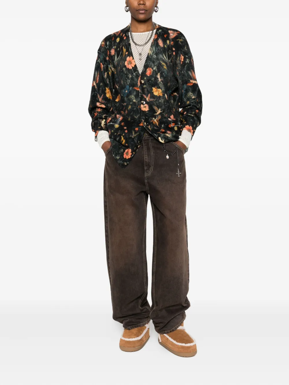 R13 Printed Boyfriend Cardigan Floral With Angels Black In Green