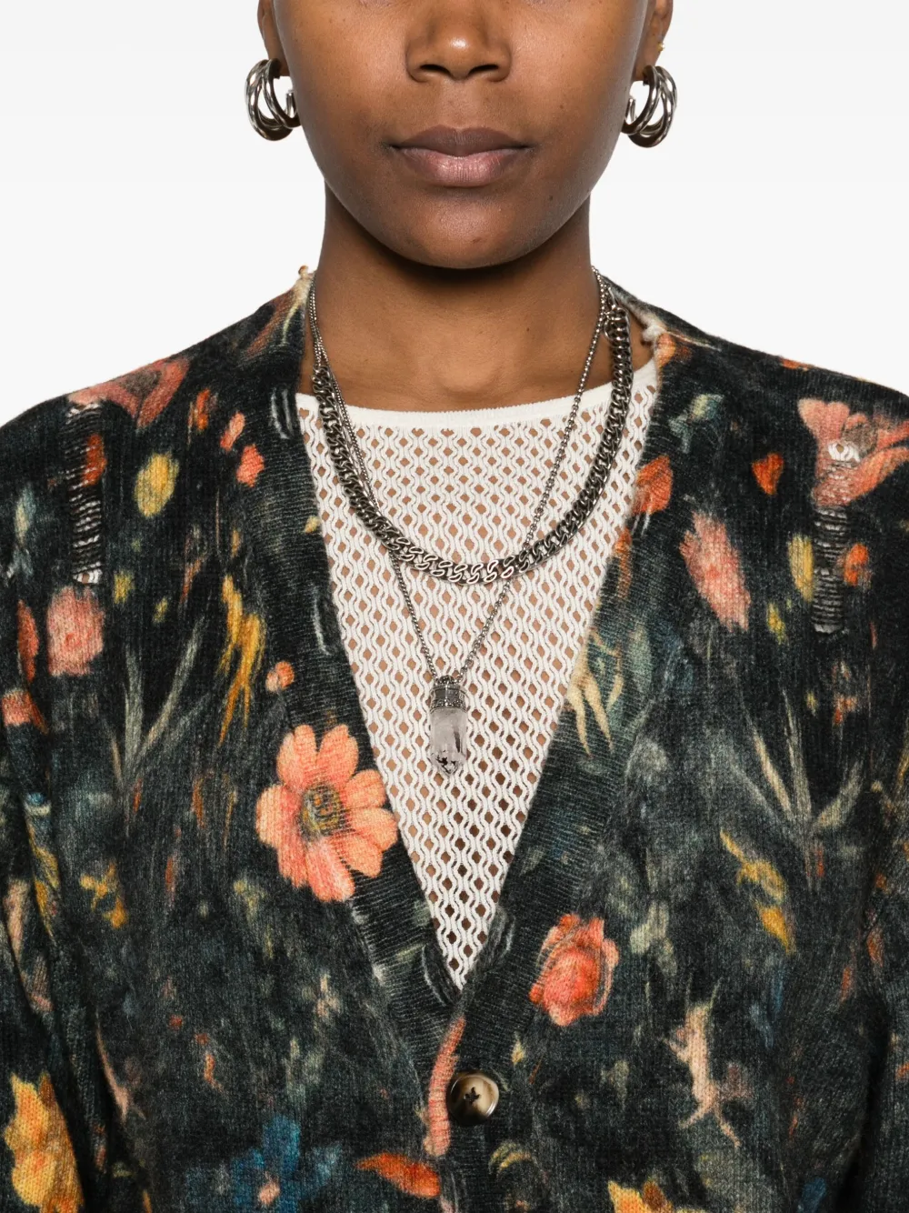 R13 Printed Boyfriend Cardigan Floral With Angels Black In Green
