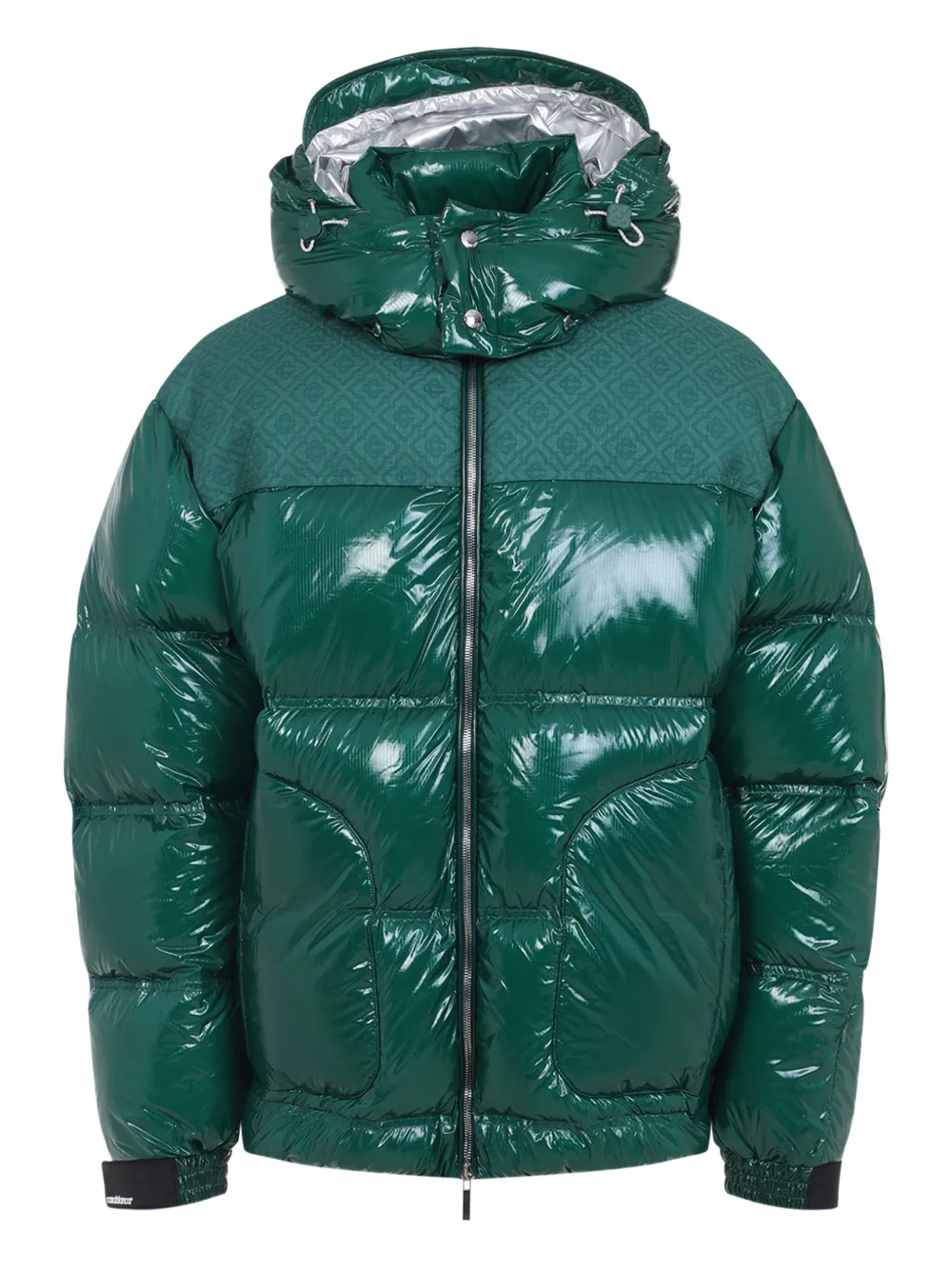 high-shine patterned-panel puffer jacket