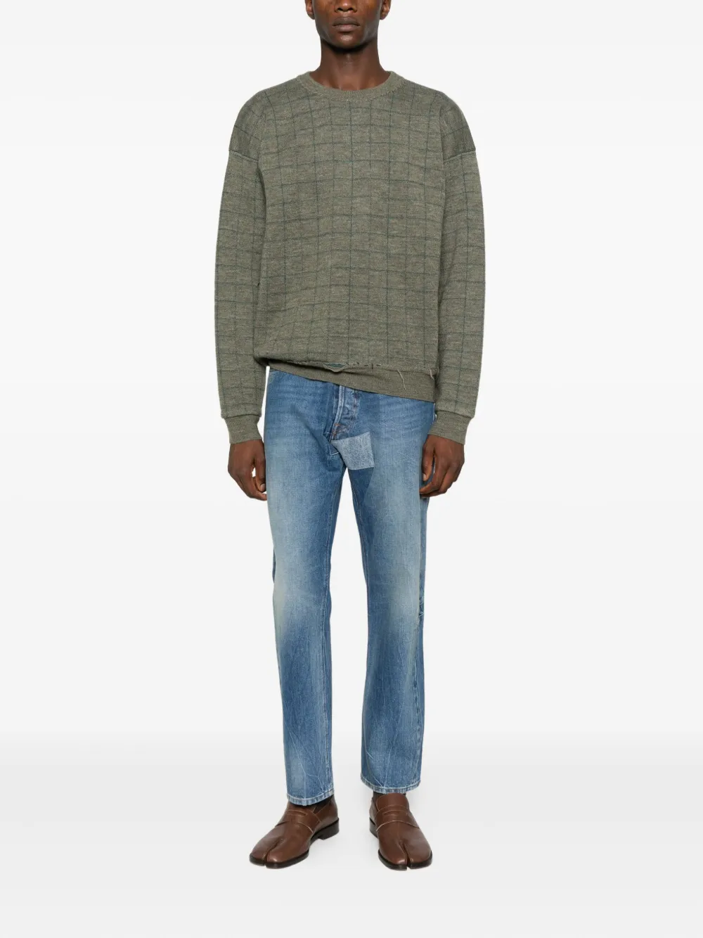 Maison Margiela Check-pattern Distressed Sweater In Green