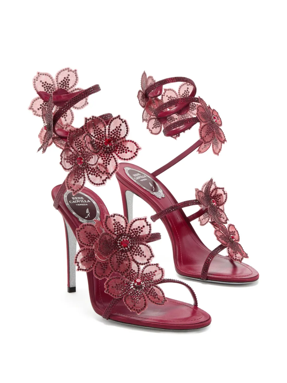 René Caovilla 105mm crystal-flower embellished sandals Red