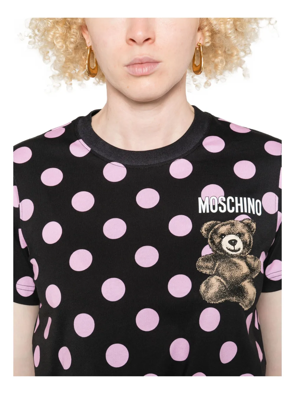 Moschino Graphic Print Polka Dot Short Sleeve Dress In Black
