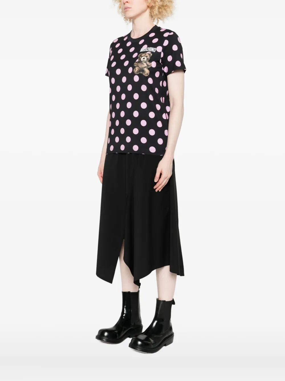 Moschino Graphic Print Polka Dot Short Sleeve Dress In Black