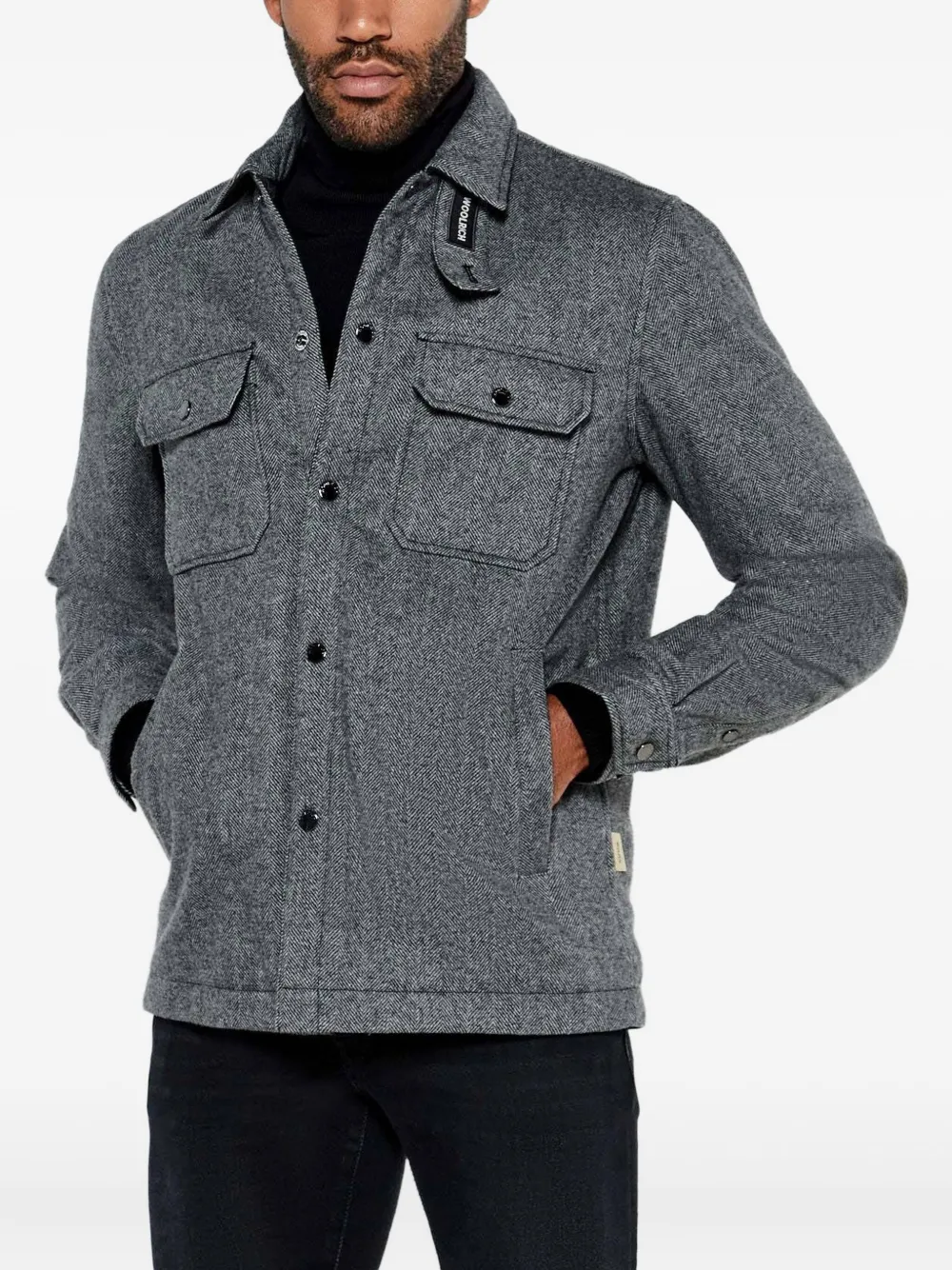 Woolrich herringbone-pattern flap-pocket shirt jacket Grijs