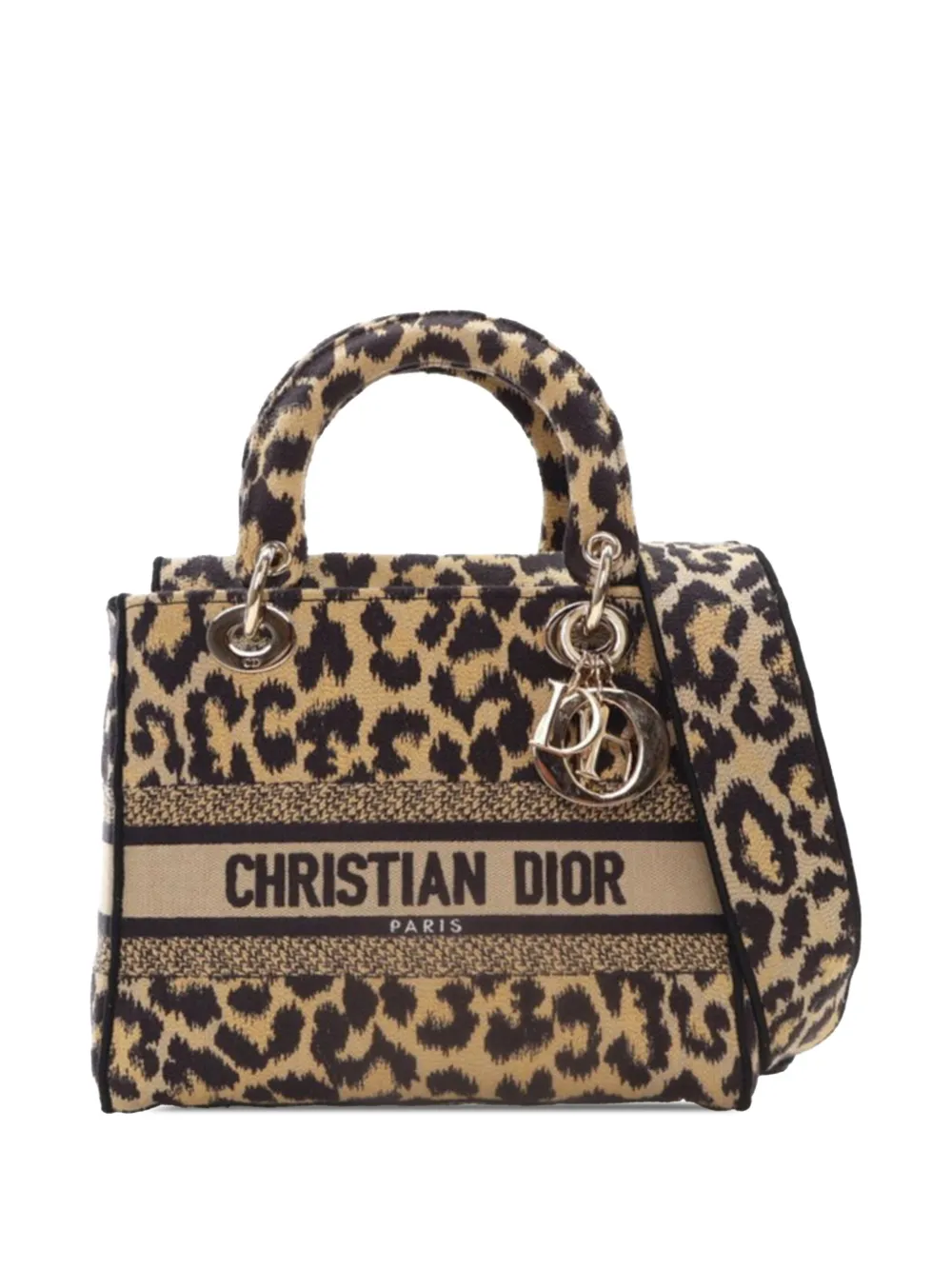 Pre-owned Dior 2021 Mizza Medium Embroidered Canvas Leopard Lady D Lite Satchel In Brown