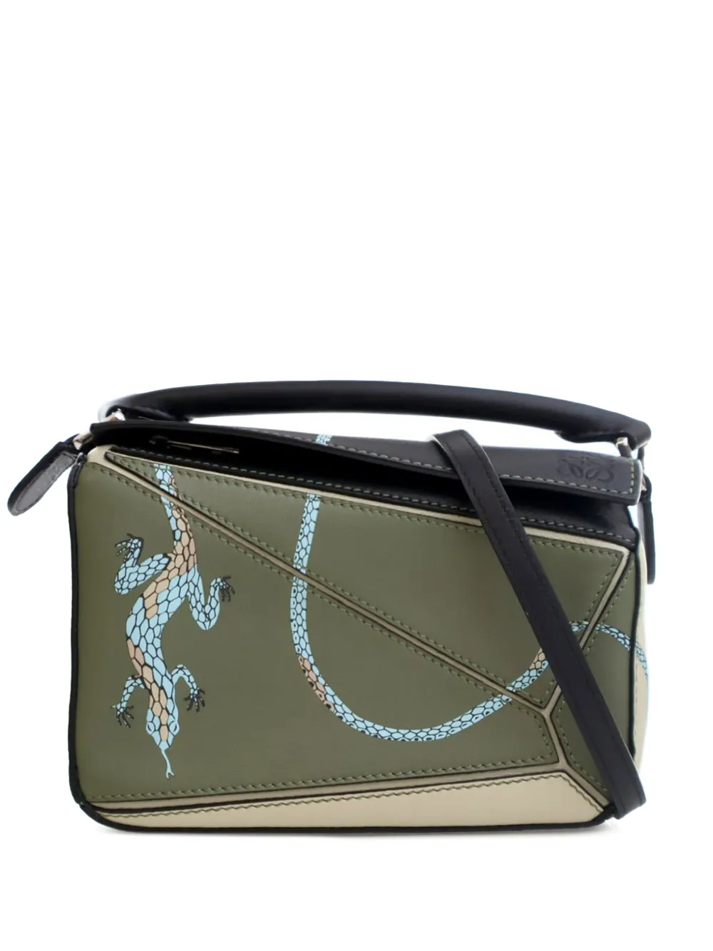 Pre-owned Loewe 2010-2025 Paulas Ibiza Mini Tricolor Calfskin Lizard Puzzle Satchel In Green