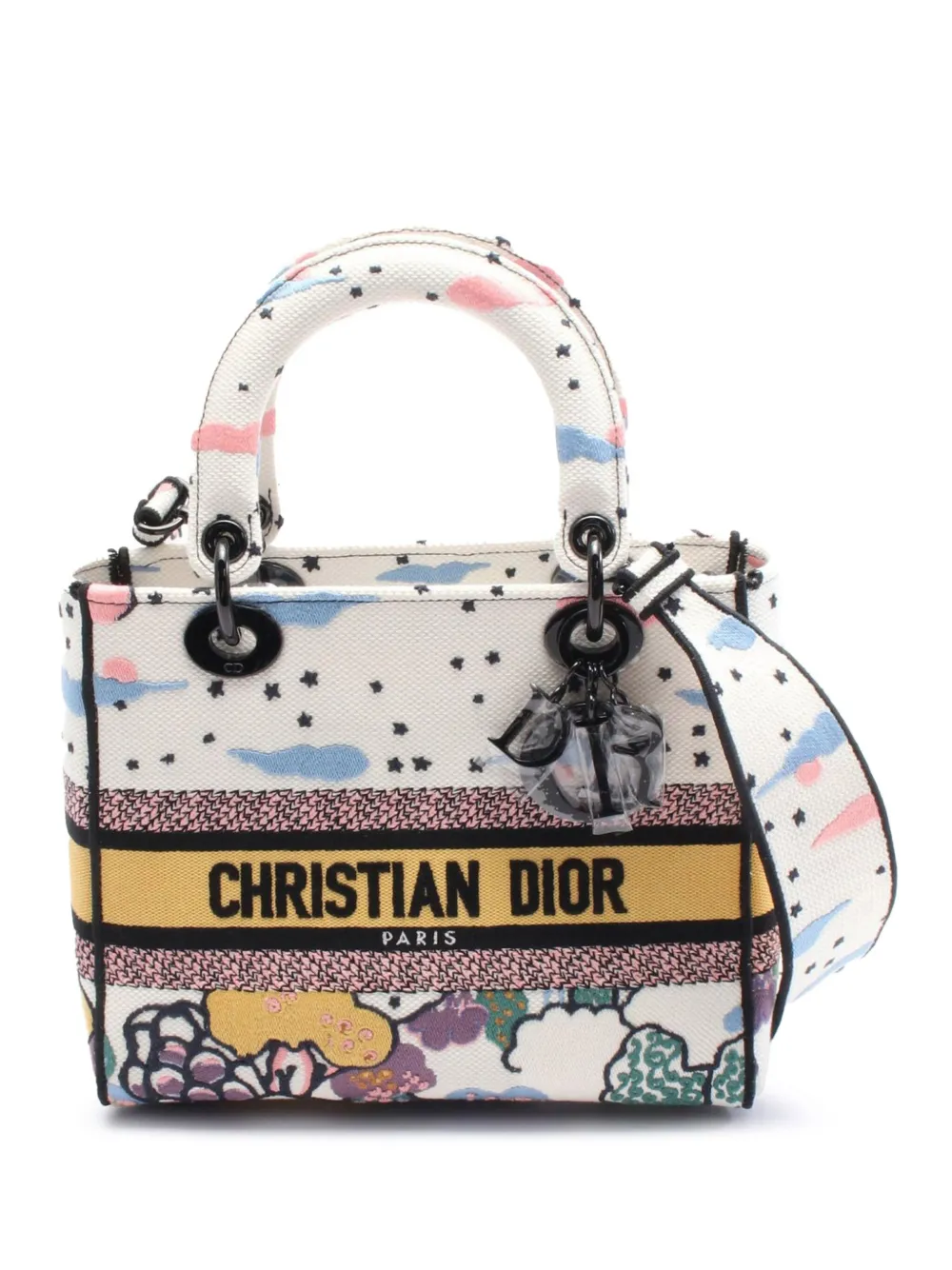 Pre-owned Dior 2021-2025 Medium Canvas Embroidered Ciel De Reve Lady D Lite Satchel In White