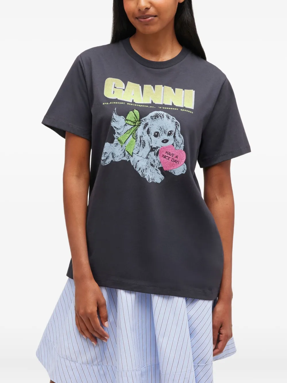 GANNI Puppy dog-print graphic T-shirt Grijs