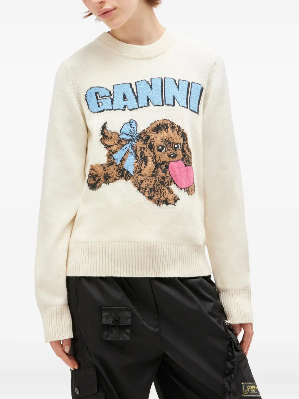 GANNI Puppy logo intarsia sweater Beige