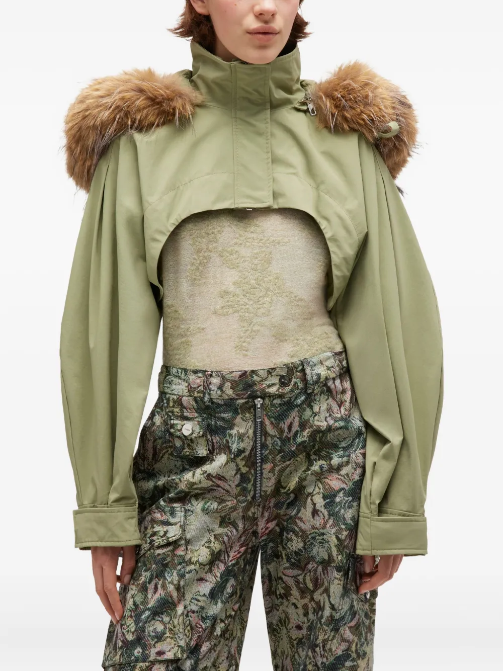 Ganni Fur-trimmed Cropped Jacket In Green