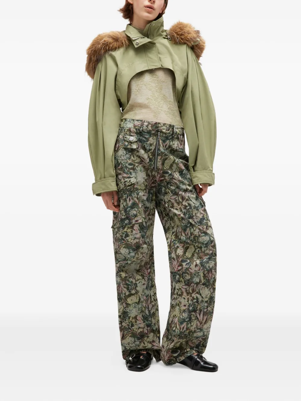 Ganni Fur-trimmed Cropped Jacket In Green