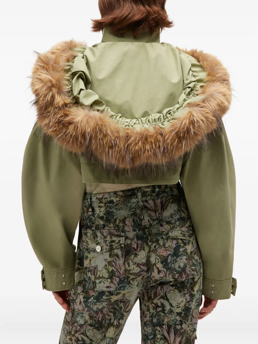 Ganni Fur-trimmed Cropped Jacket In Green