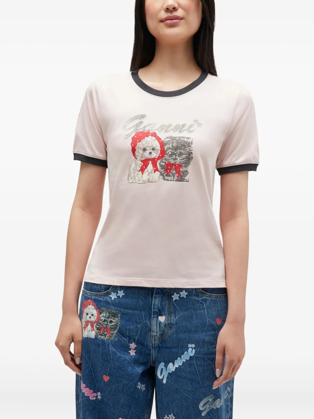 GANNI Ringer T-shirt met hondenprint Beige