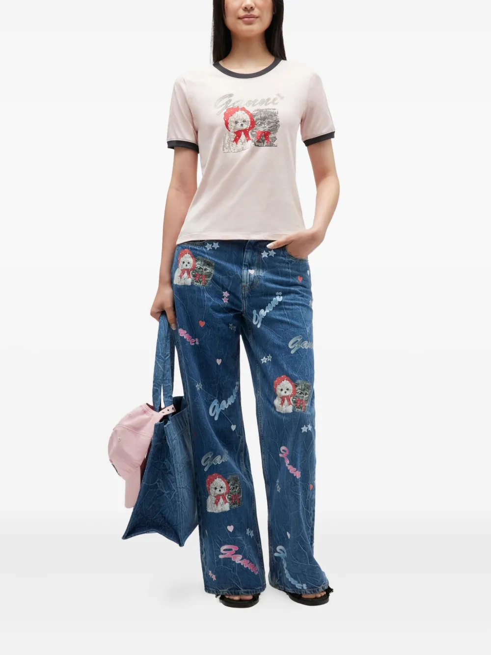 GANNI Ringer T-shirt met hondenprint Beige