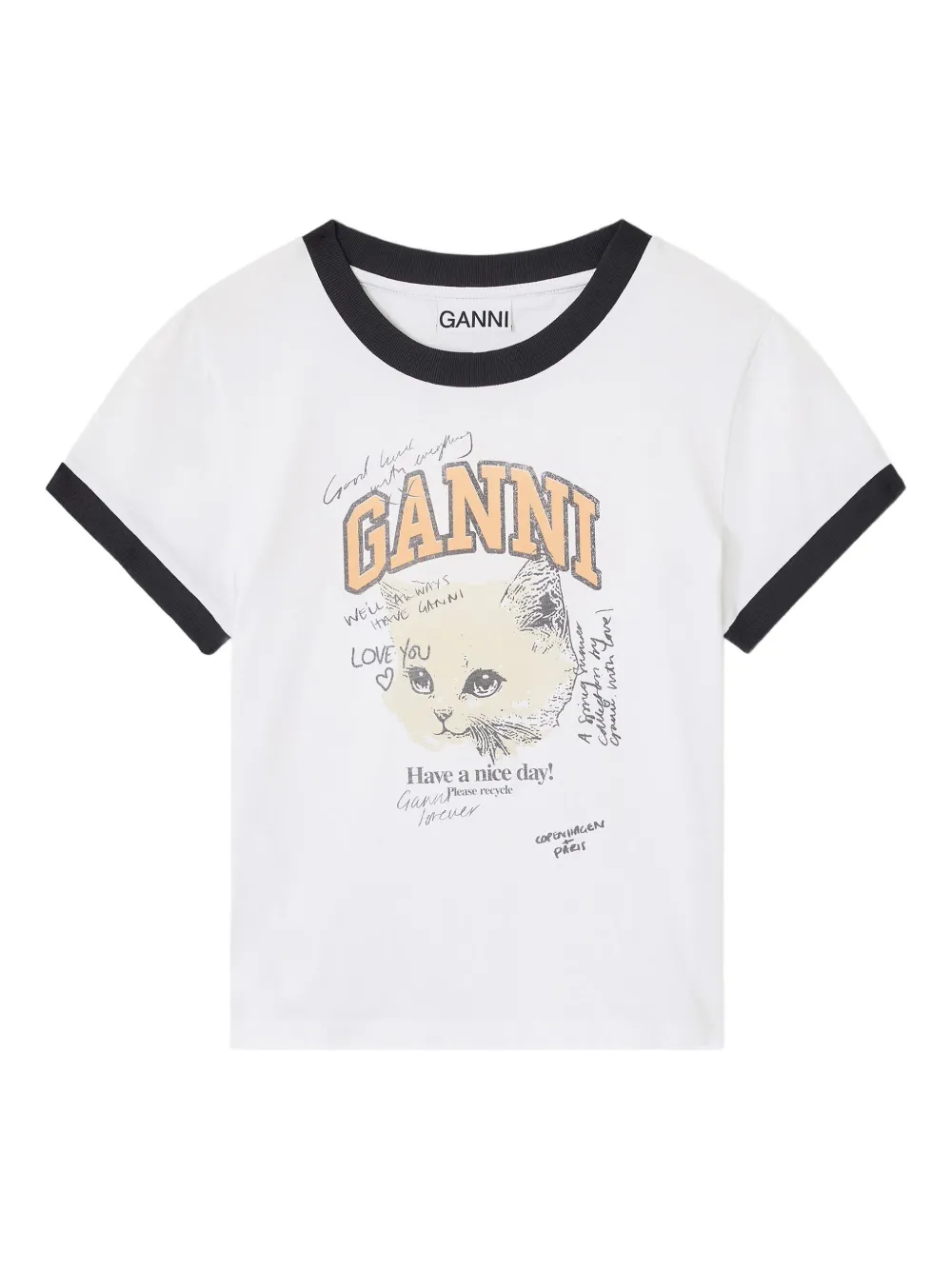 GANNI Kitty-print ringer top Wit