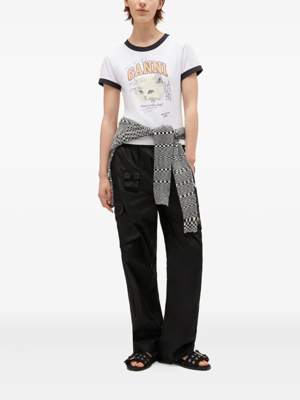 GANNI Kitty-print ringer top Wit