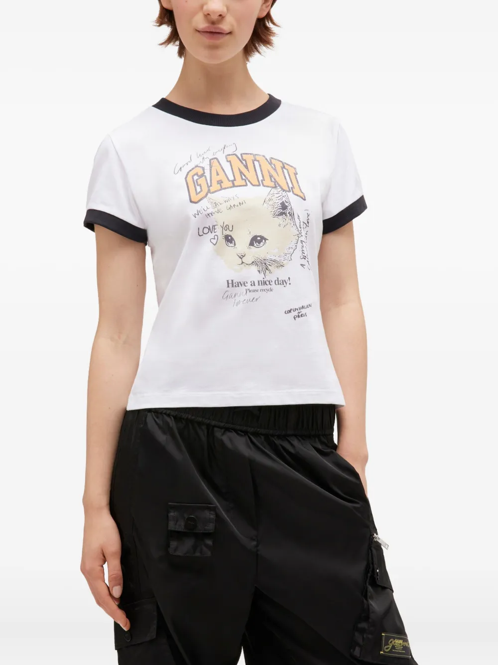 GANNI Kitty-print ringer top Wit