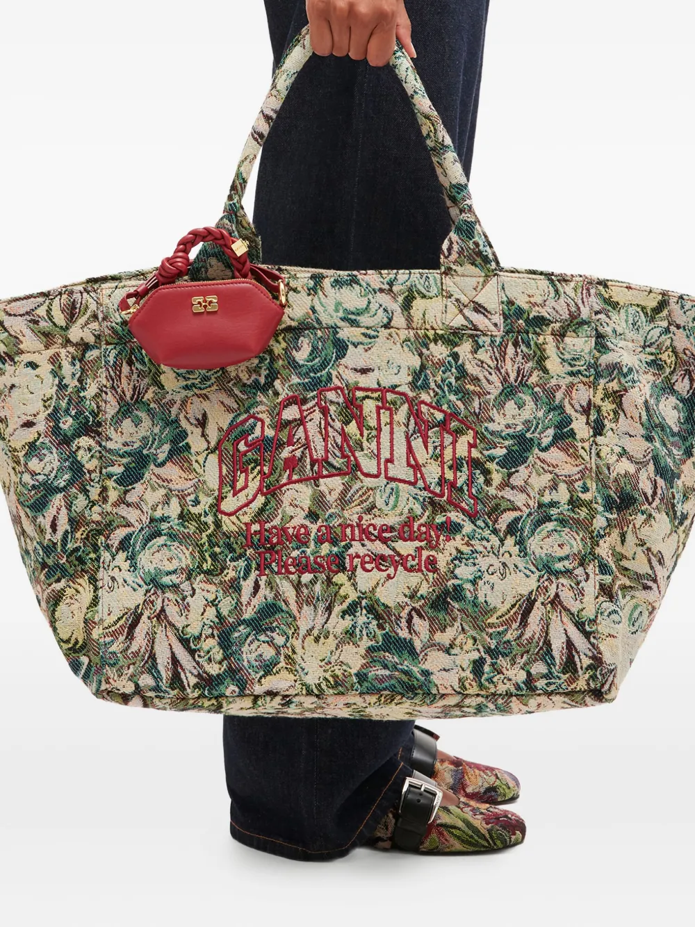 GANNI large floral-pattern tapestry-effect tote bag - Beige