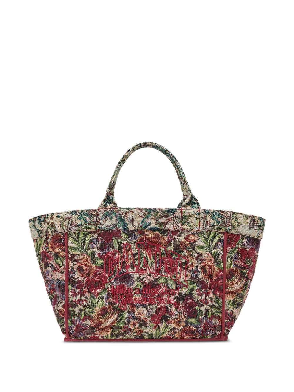 Ganni Large Floral-pattern Tapestry-effect Tote Bag In Brown