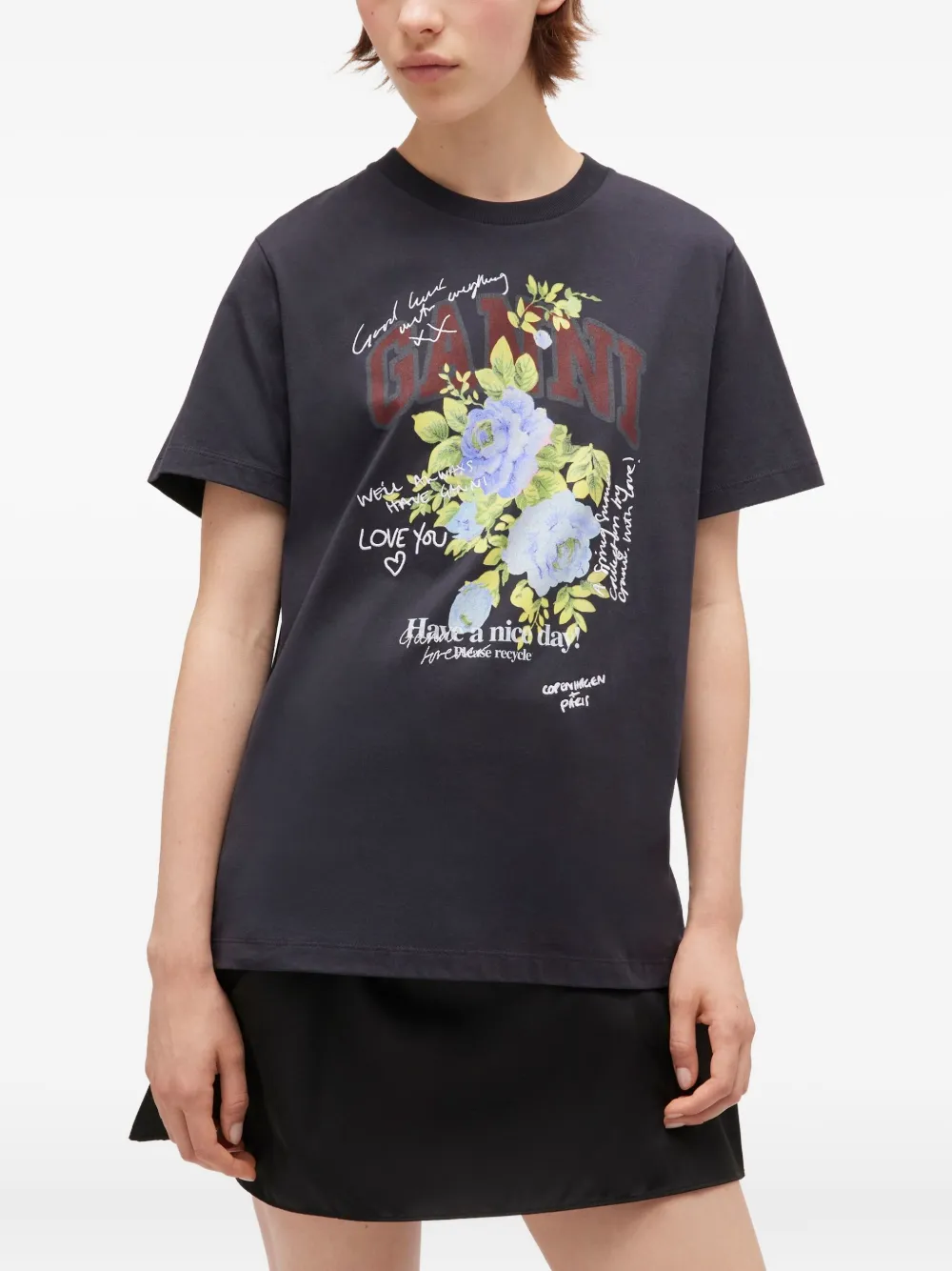 Ganni Organic Cotton Floral Graphic T-shirt In Blue