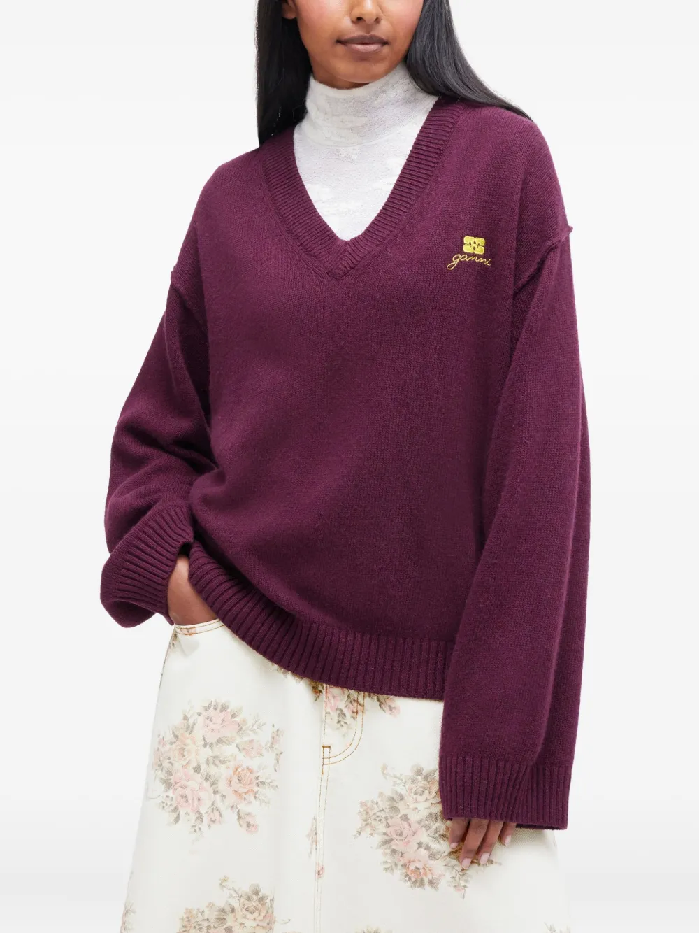 Ganni V-neck Logo-detail Sweater In Burgundy
