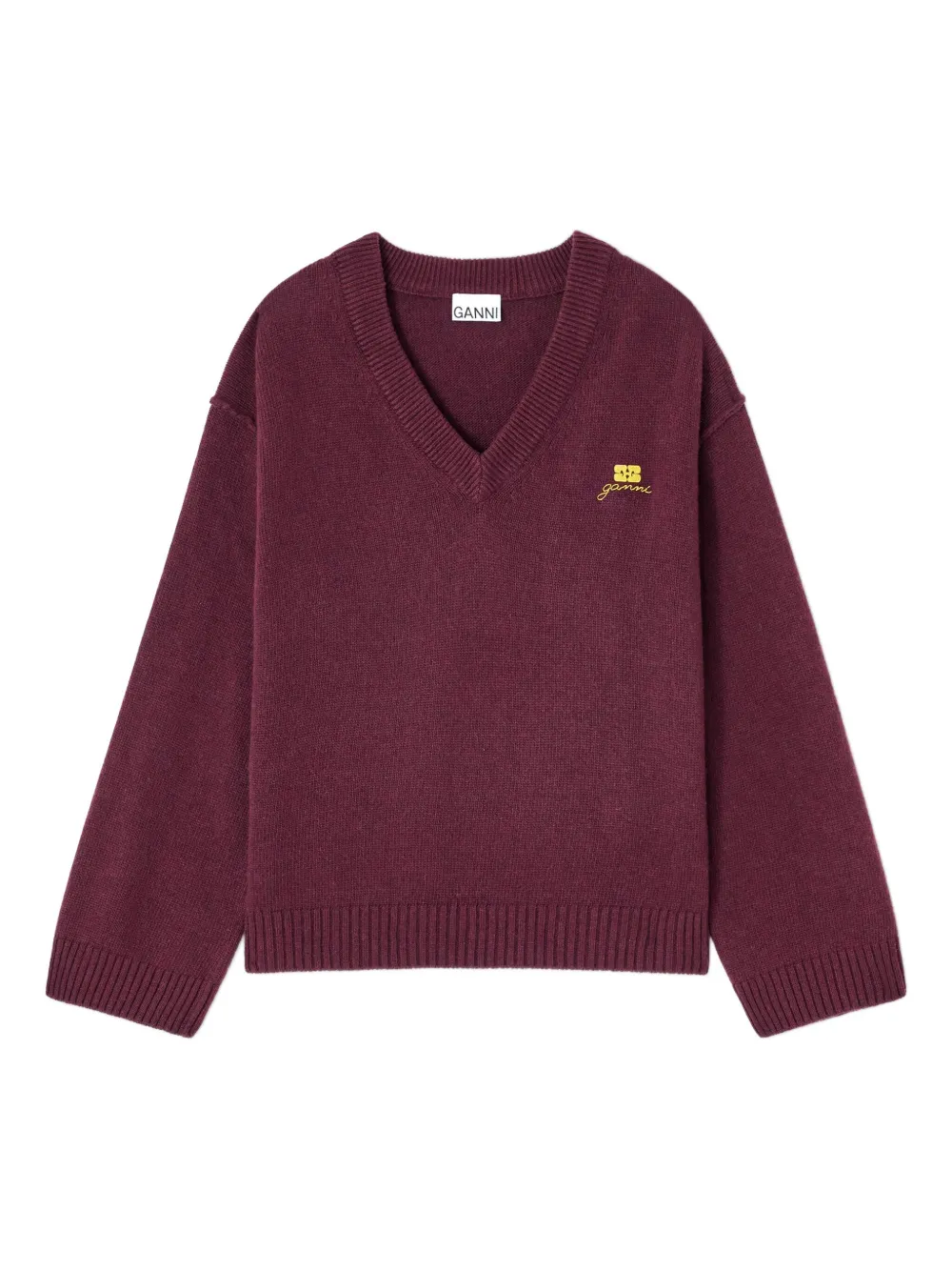 Ganni V-neck Logo-detail Sweater In Burgundy
