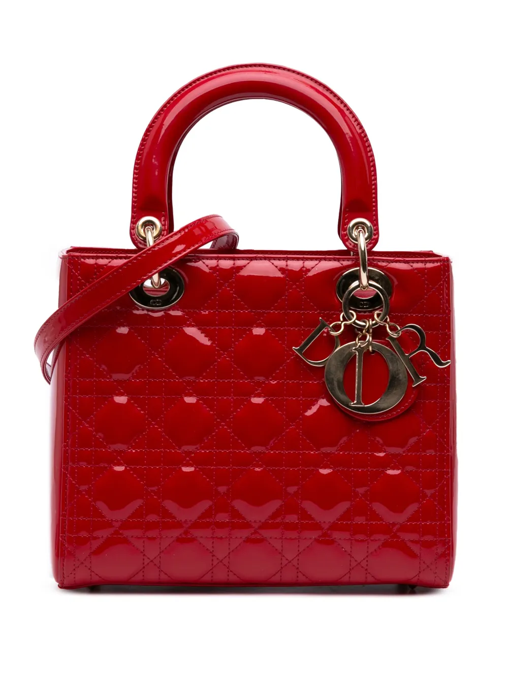 Pre-owned Dior 2015 Medium Patent Cannage Lady  Satchel In Red