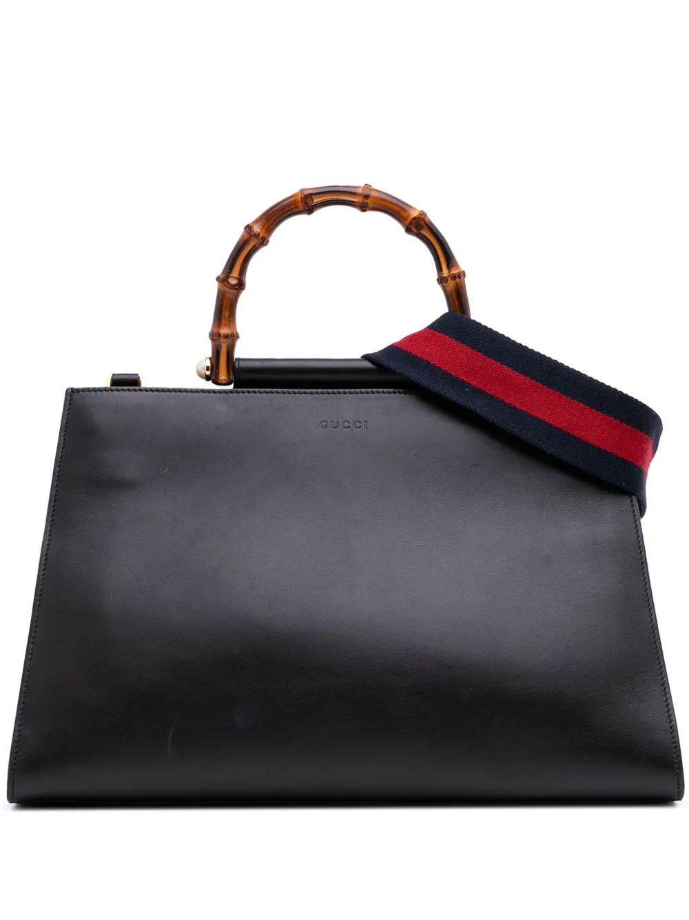 Pre-owned Gucci 2016-2025 Medium Leather Bamboo Nymphaea Satchel In Black
