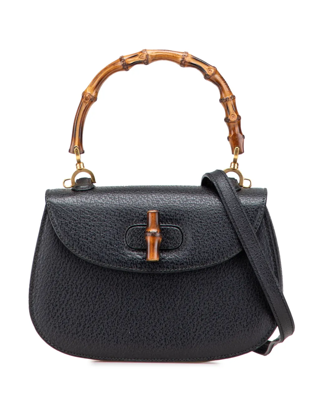 Pre-owned Gucci 20th Century Small Grained Calfskin Bamboo Top Handle Bag Satchel In Black