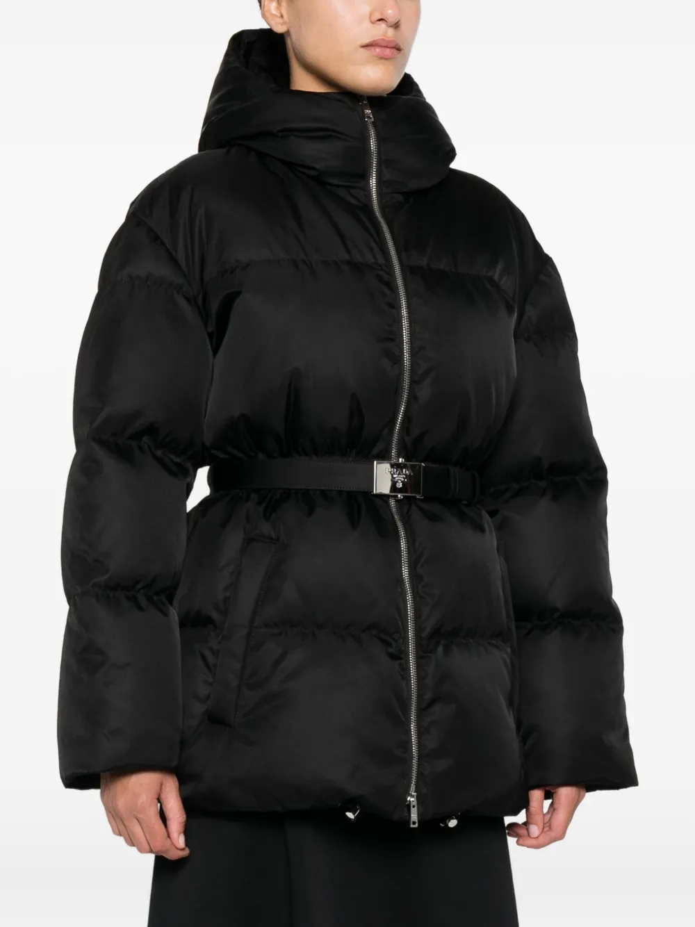 Prada Donsjack met capuchon en ceintuur Zwart