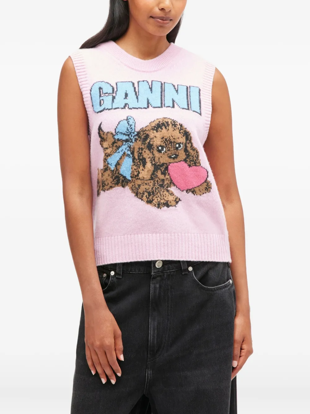 GANNI Puppy logo sleeveless knit vest Roze
