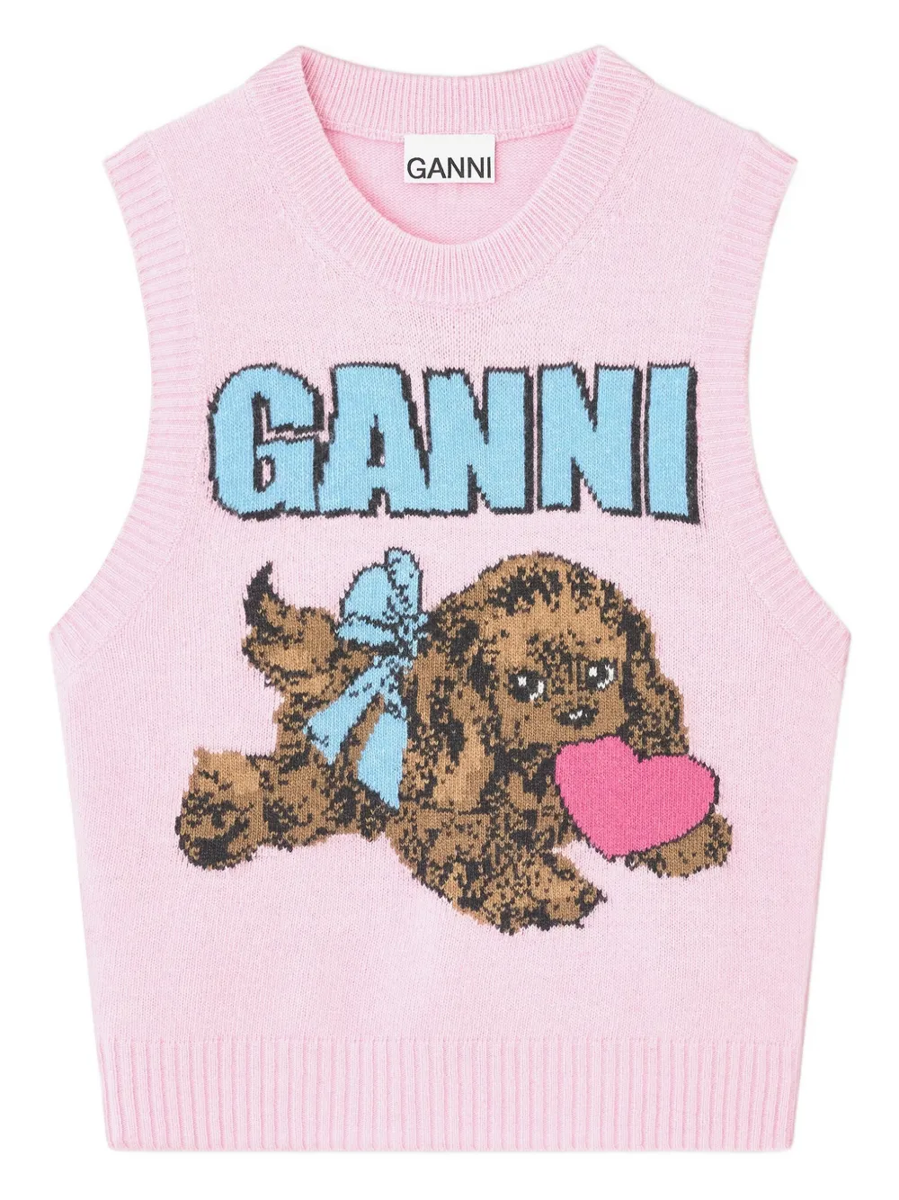 GANNI Puppy logo sleeveless knit vest Roze
