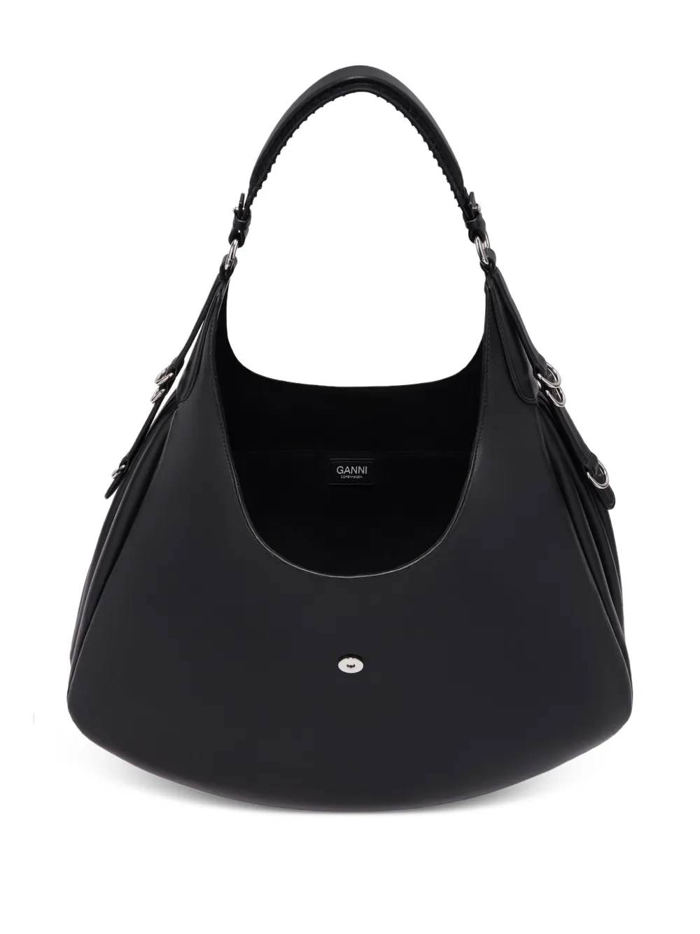 Ganni Leather Shoulder Bag With Logo Closure In Black