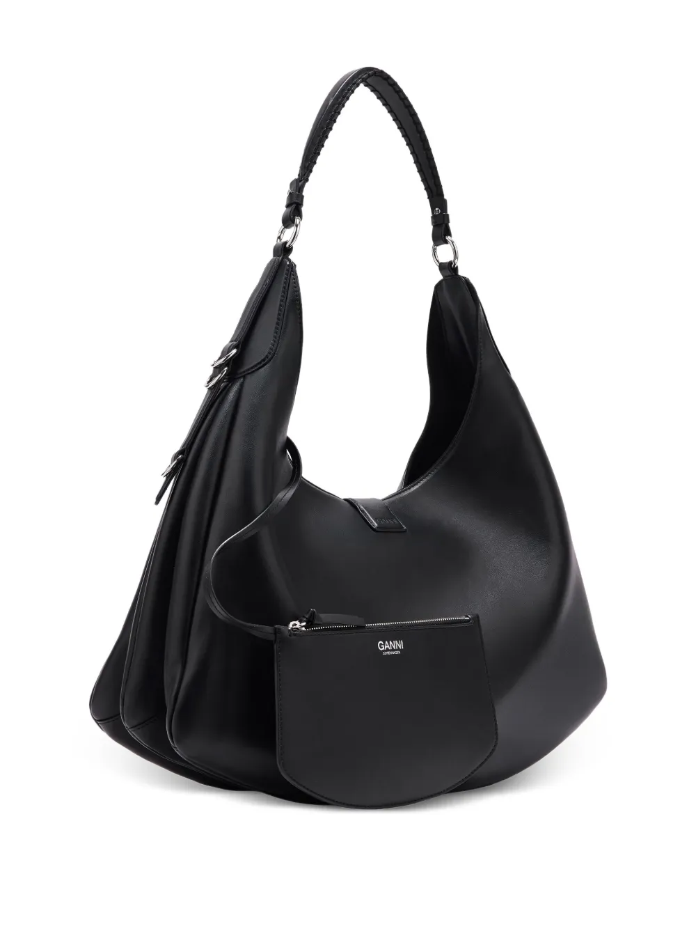 Ganni Leather Shoulder Bag With Logo Closure In Black