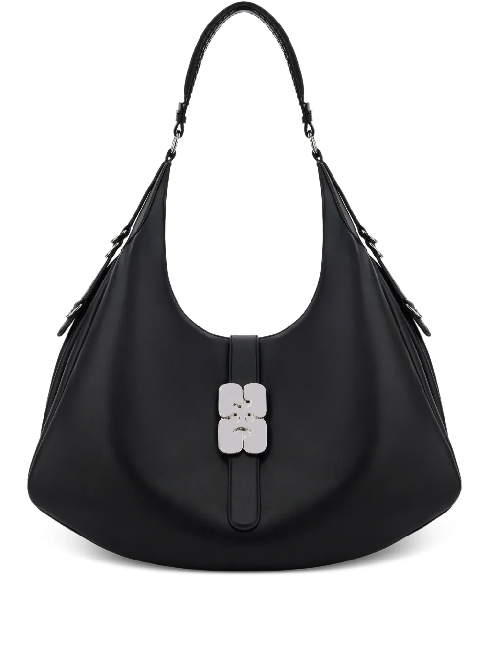 Ganni Leather Shoulder Bag With Logo Closure In Black