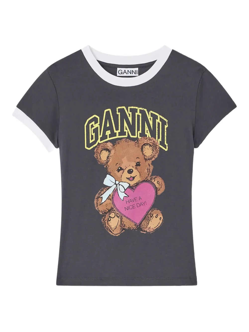 GANNI Teddy-print ringer T-shirt Grijs