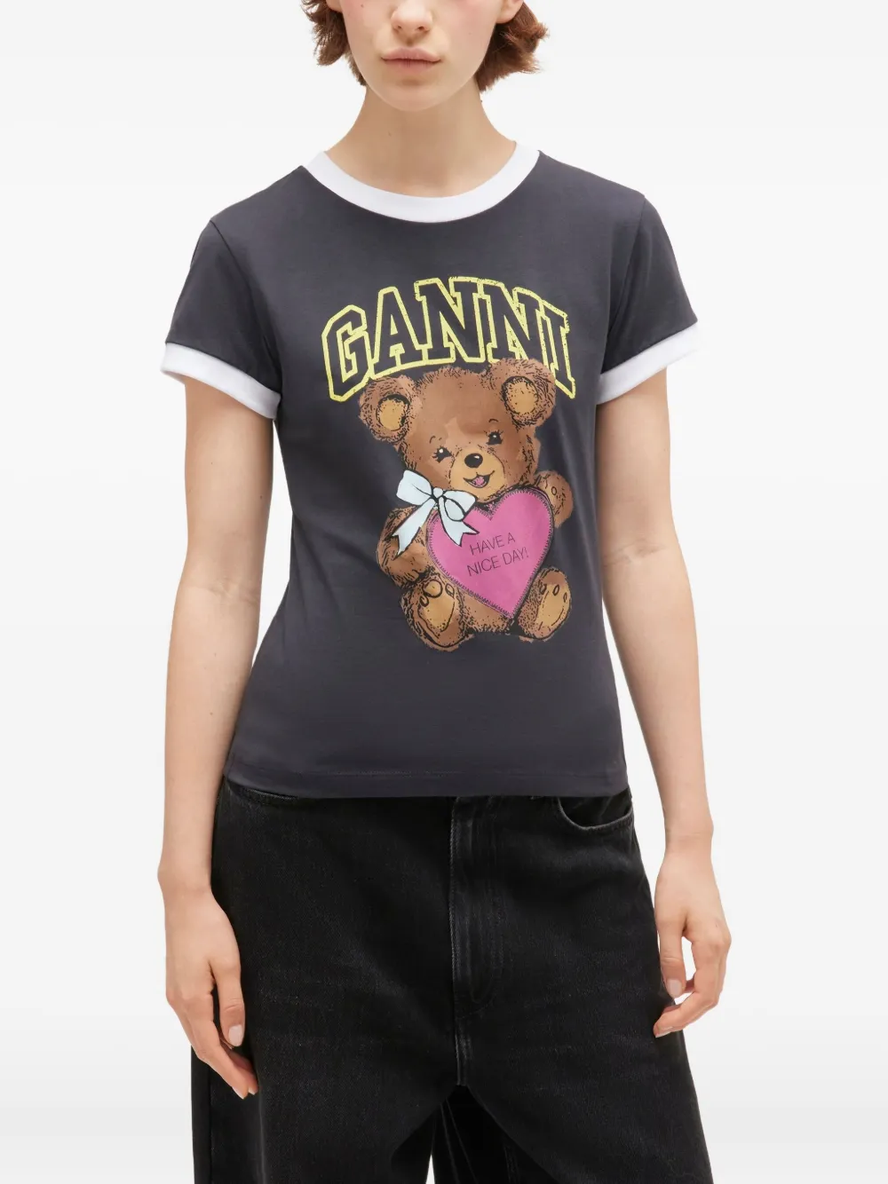 GANNI Teddy-print ringer T-shirt Grijs