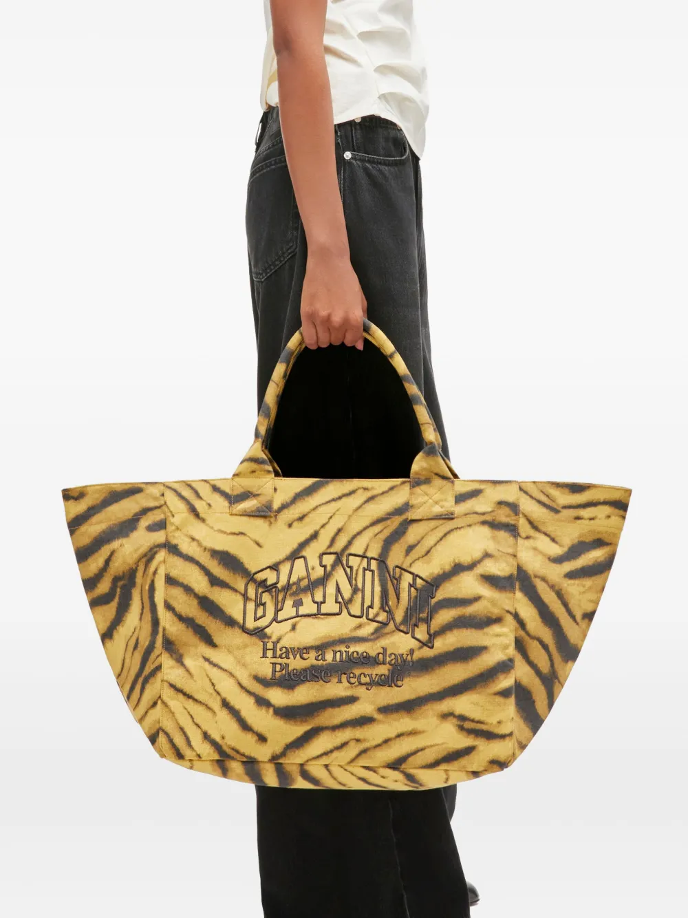 GANNI tiger-print tote bag - Geel