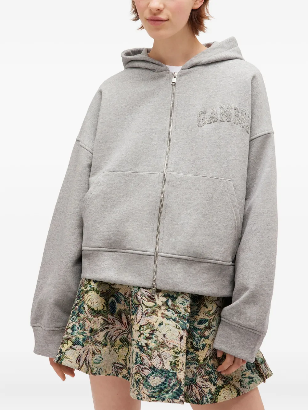 Ganni Cotton Zip-up Hoodie Featuring Pockets In Gray