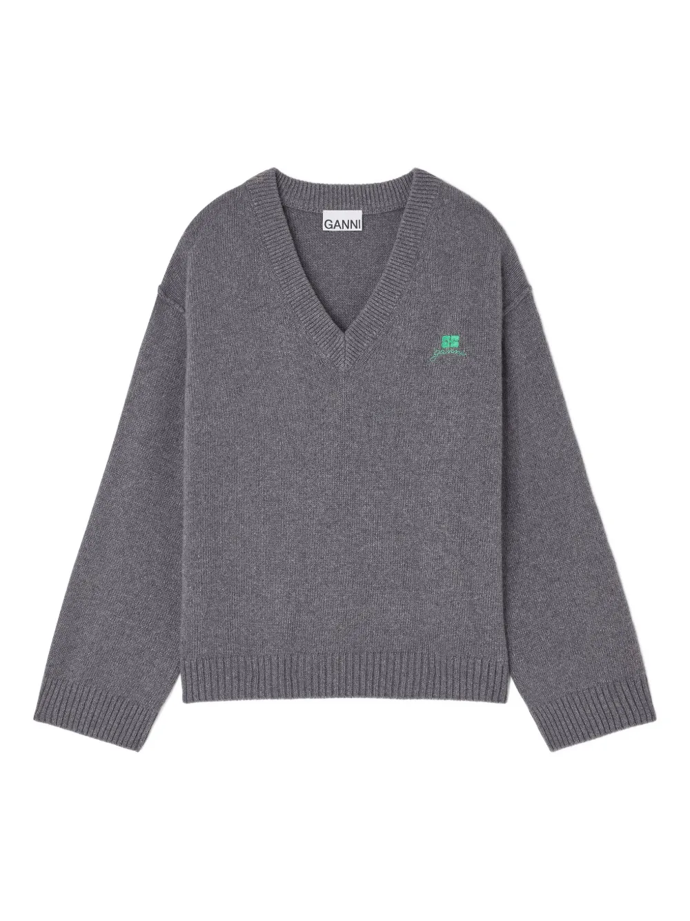 Ganni V-neck Logo Sweater In Gray