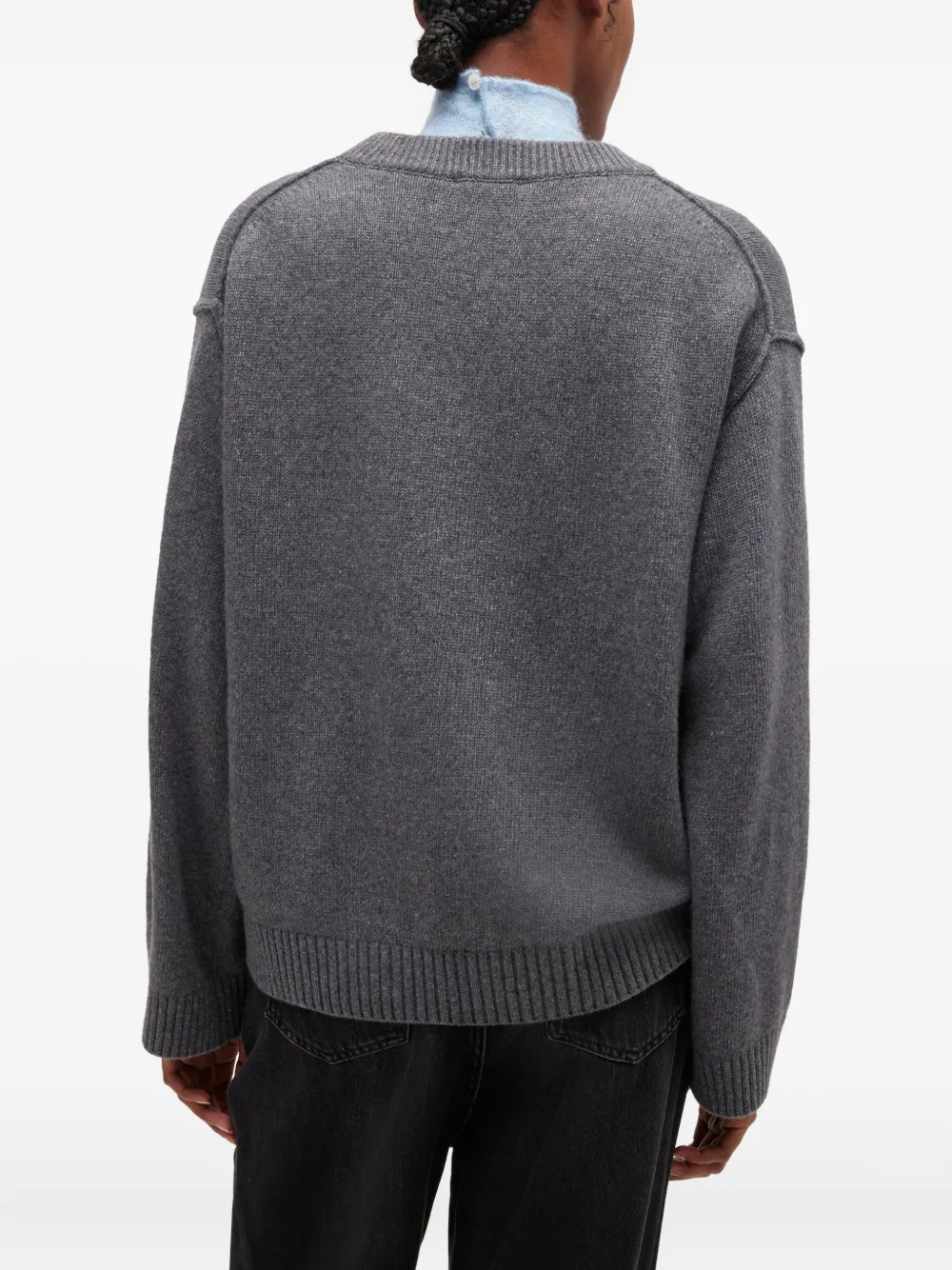 Ganni V-neck Logo Sweater In Gray
