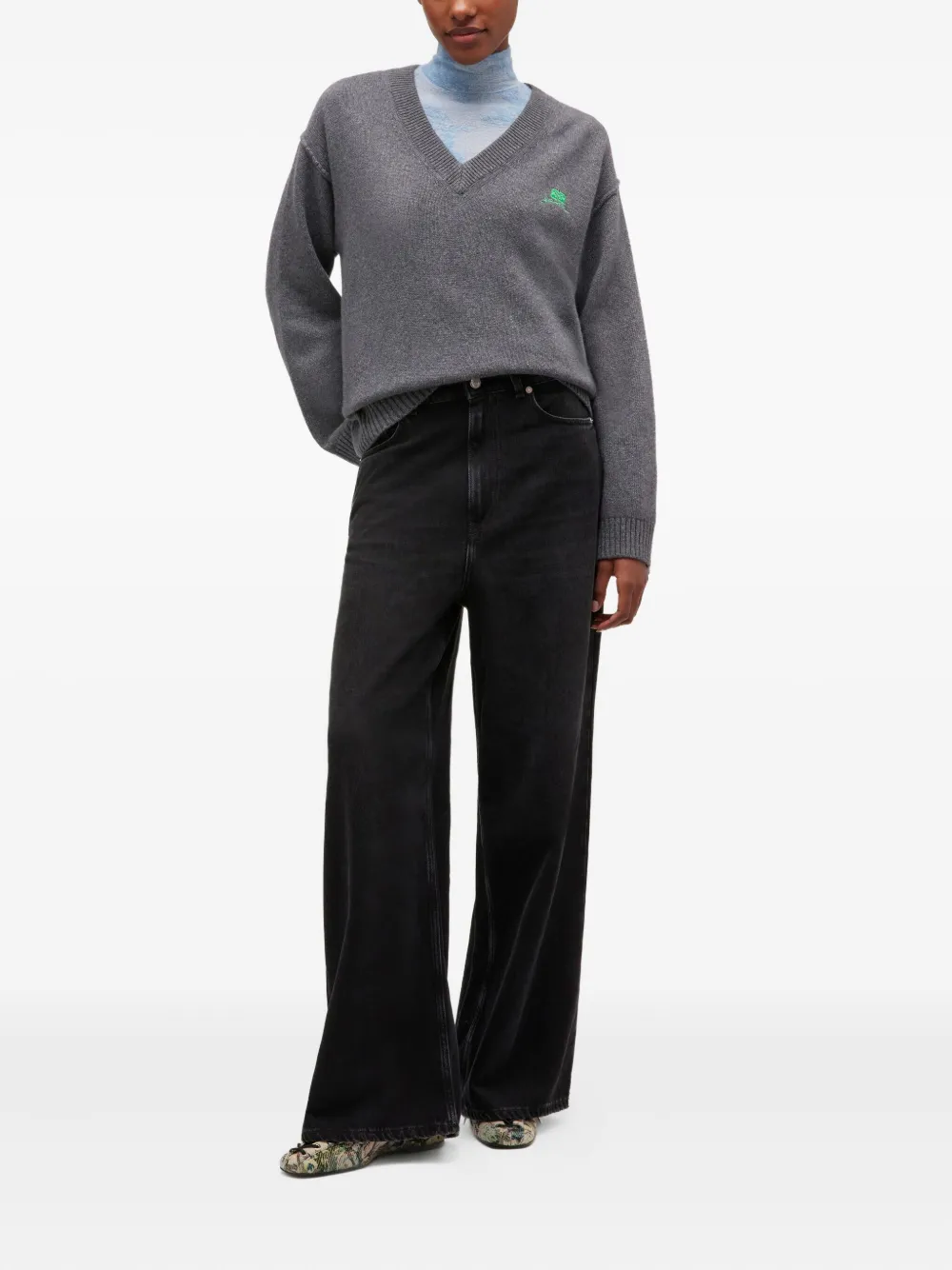 Ganni V-neck Logo Sweater In Gray