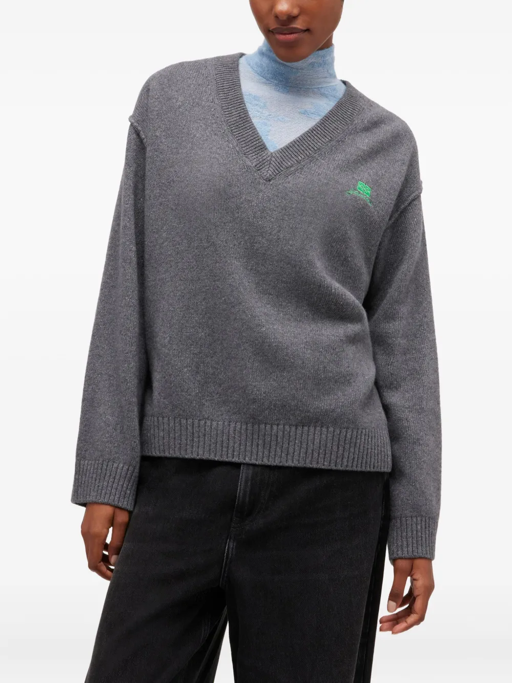Ganni V-neck Logo Sweater In Gray