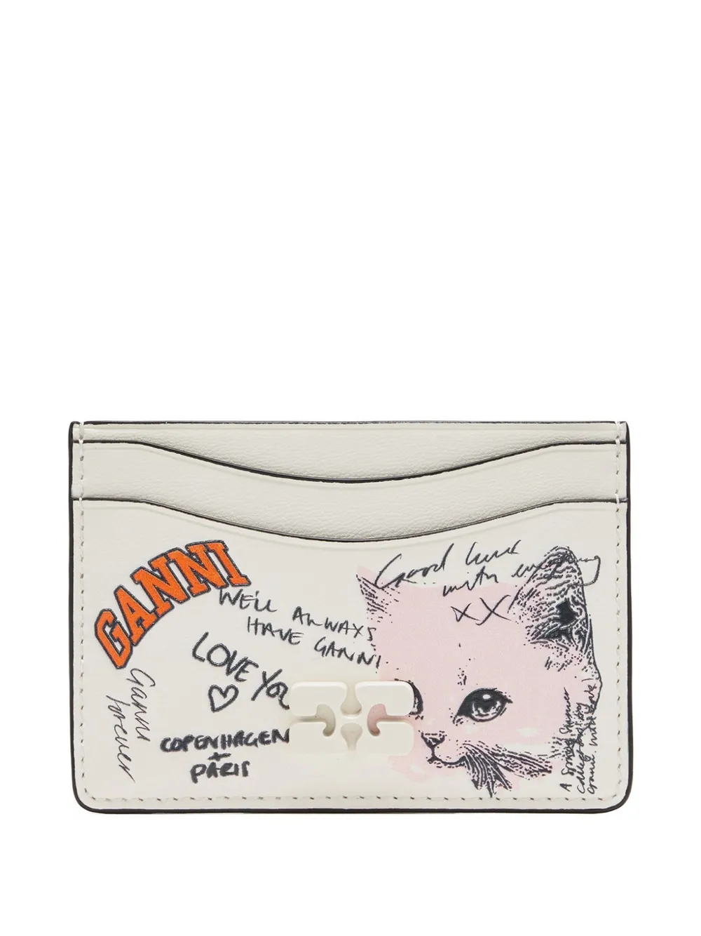 Ganni White Card Holder With Graphic Print On The Front In Leather Blend Woman In Gray