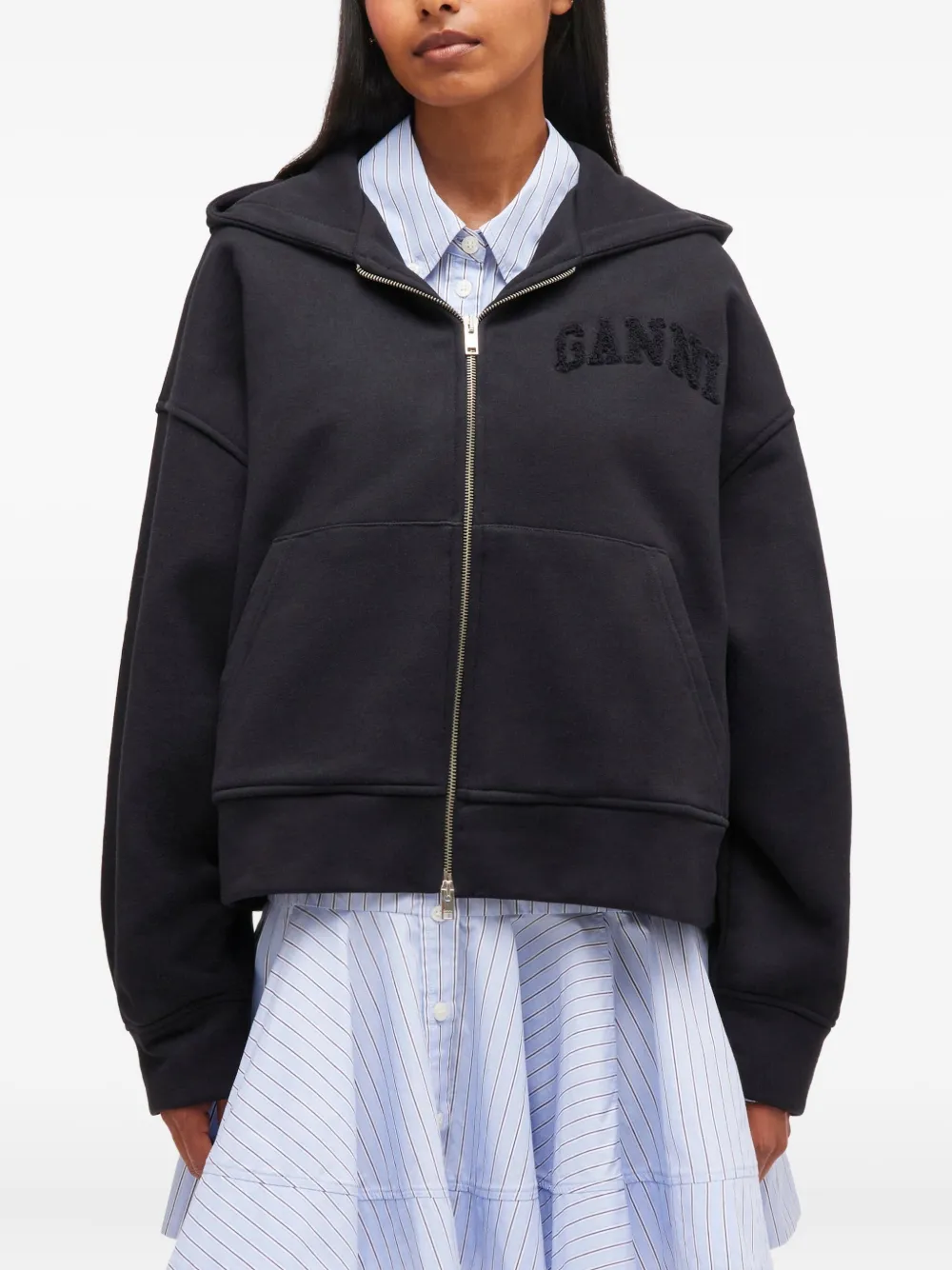 Ganni Hooded Long Sleeve Organic Cotton Sweatshirt In Black
