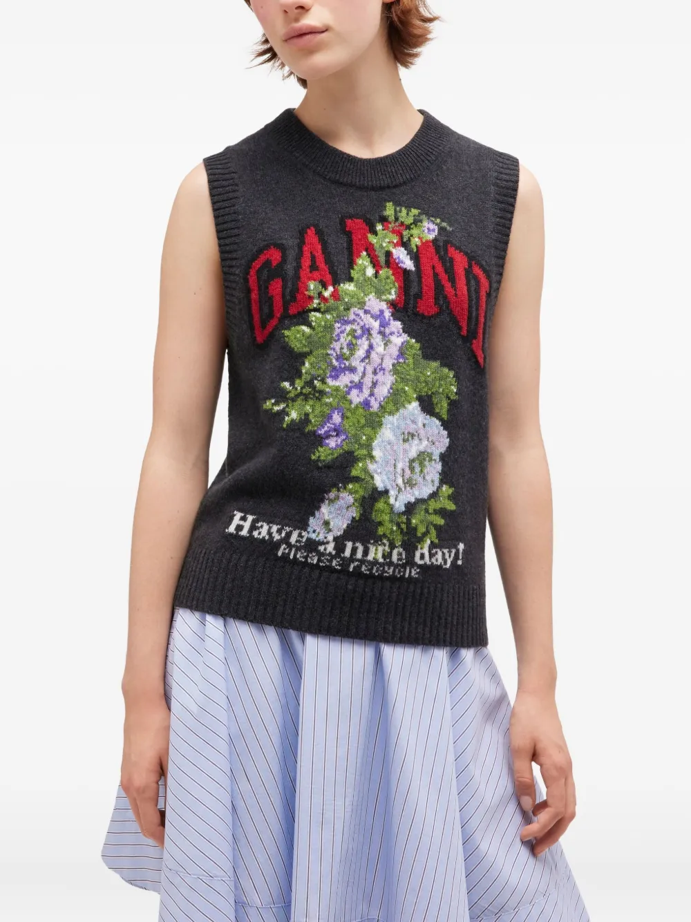 Ganni Floral Embroidered Wool Sleeveless Top In Black