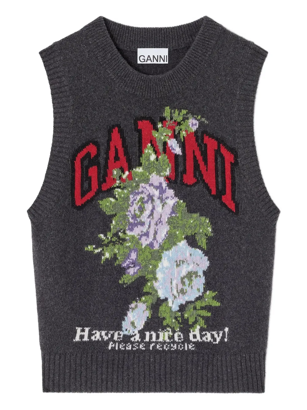 Ganni Floral-logo Wool Vest In Gray