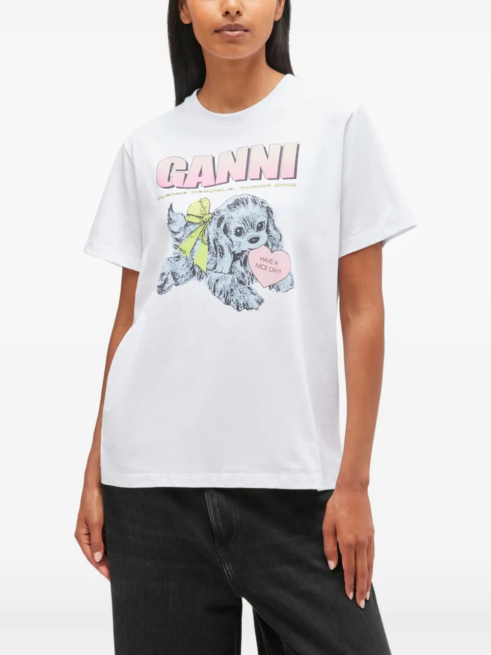 GANNI Puppy logo-graphic T-shirt Wit