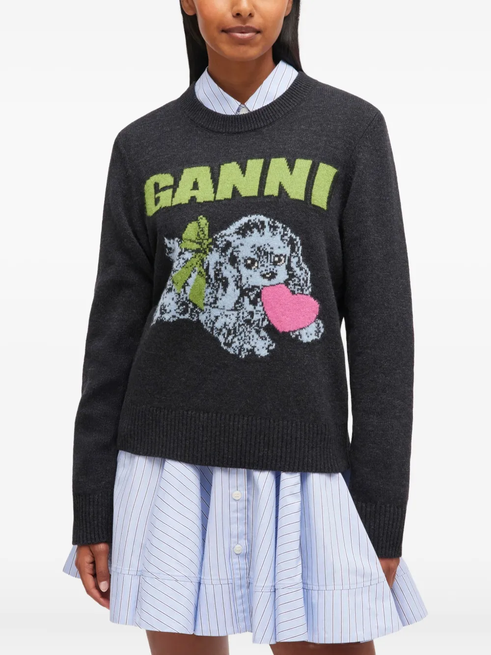 GANNI Puppy-logo crew-neck sweater Grijs