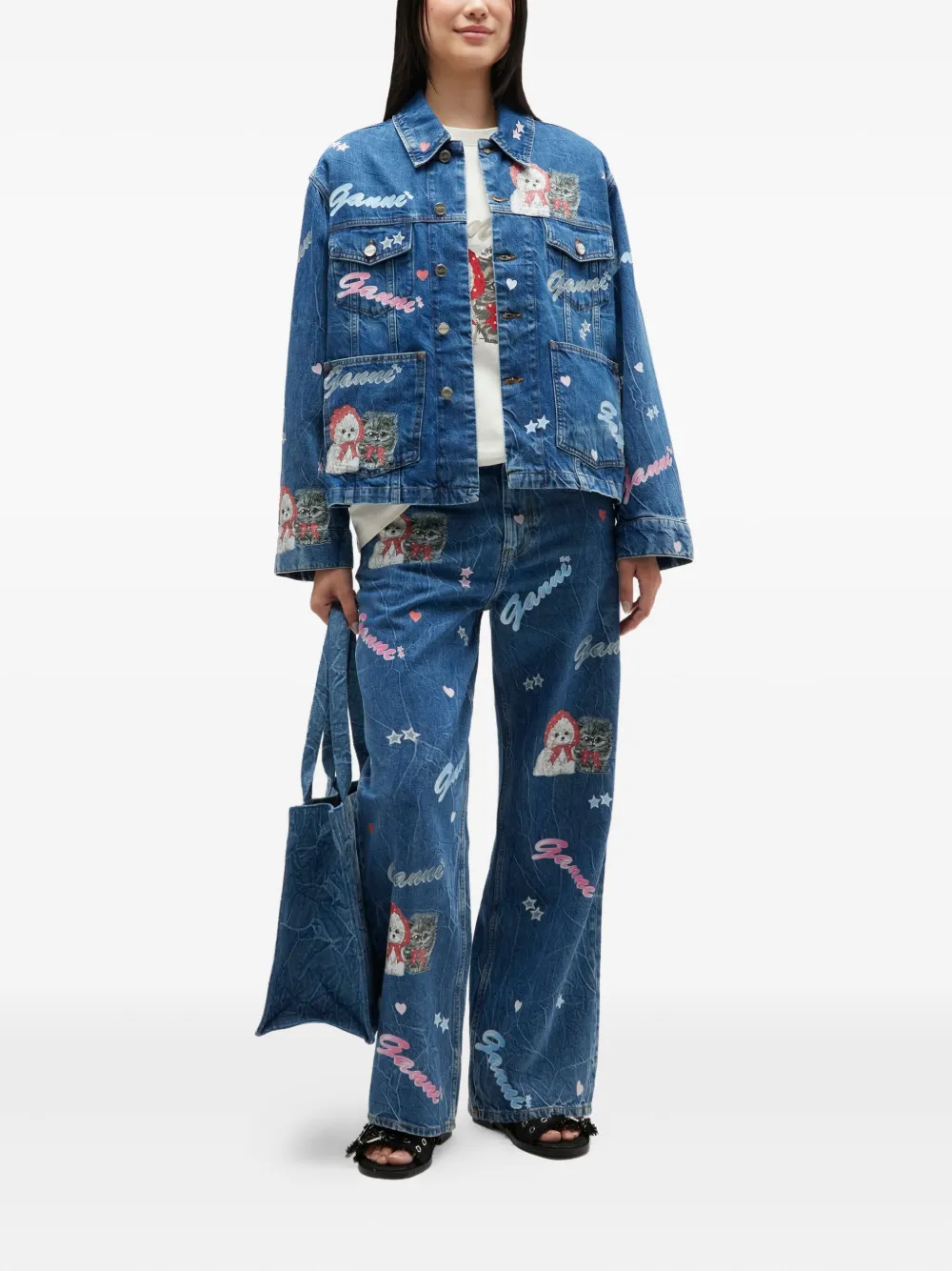 Ganni Printed Denim Jacket In Blue